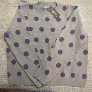 Women's Grey knit sweater with purple polka dots, crew neck, nwt
